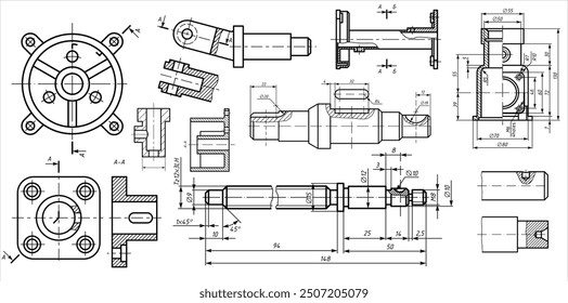 Vektorgrafik der Stahlmechanik 
Teile mit Durchgangslöchern. 
System von Industriekarten auf weißem Papierblatt. 
Technologischer Hintergrund.