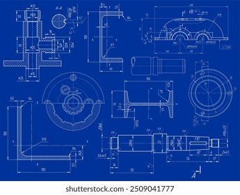 Vector engineering drawing of steel mechanical parts 
with through holes and dimension lines. Industrial 
cad scheme on paper sheet. Technology background.