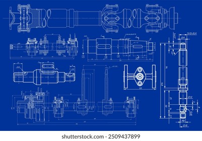 Vector engineering drawing of steel mechanical parts
(set of shaft, driveshaft) 
with dimension lines. Industrial 
cad scheme on paper sheet. Technology background.