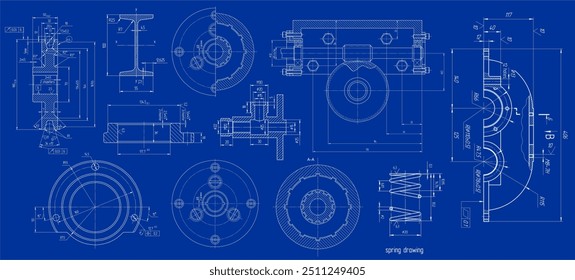 Vektorgrafik der Stahlmechanik 
Teile mit Durchgangslöchern. 
System von Industriekarten auf Papierblättern. 
Technologischer Hintergrund.