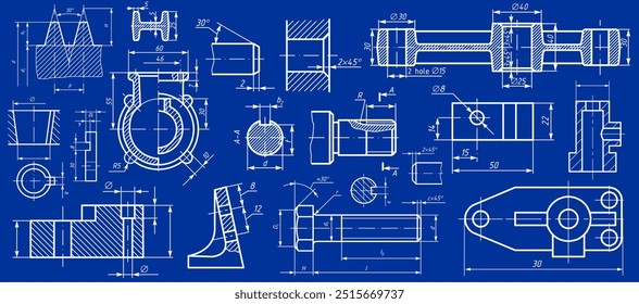 Vector engineering drawing of steel mechanical parts 
with through holes and dimension lines. Industrial 
cad scheme on paper sheet. Technology background. Computer cad design. 