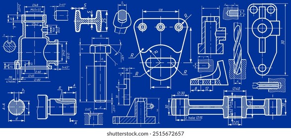 Dibujo de ingeniería de Vector de piezas mecánicas de acero 
con orificios pasantes y líneas de dimensión. Industrial 
Esquema de tarjeta en hoja de papel. Tecnología de fondo.
Diseño de tarjeta de computadora.