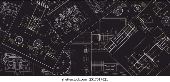 Vector engineering drawing of steel mechanical parts with 
through holes.
Industrial cad scheme on white paper sheets. Technology background.
Computer technic design.