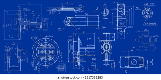 Vector engineering drawing of steel mechanical parts with through holes.
Industrial cad scheme on paper sheet. Technology background.
Technic machined design.