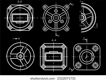 Dibujo de ingeniería de Vector mecánico 
Piezas con orificios pasantes. 
Esquema de tarjeta de Industrial en hoja de papel. 
Tecnología de fondo.