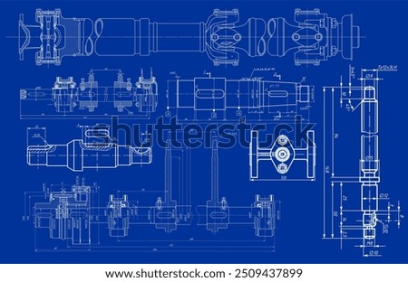 Vector engineering drawing of steel mechanical parts
(set of shaft, driveshaft) 
with dimension lines. Industrial 
cad scheme on paper sheet. Technology background.