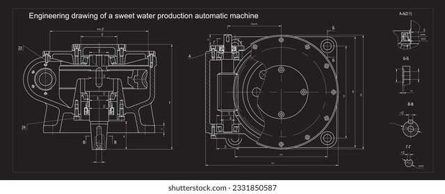 Vector engineering drawing of a sweet water production automatic machine.
Cad scheme. Mechanical background.