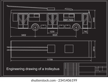 Dibujo de ingeniería de vectores de un trolebús con líneas dimensionales
y valores numéricos de las dimensiones del vehículo.
Esquema de cad. Fondo mecánico. Documentación de diseño.