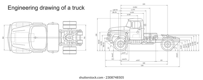 
Dibujo de ingeniería de vectores de un camión con líneas dimensionales
y valores numéricos de las dimensiones del vehículo.
Esquema de cad. Fondo mecánico. Documentación de diseño.
