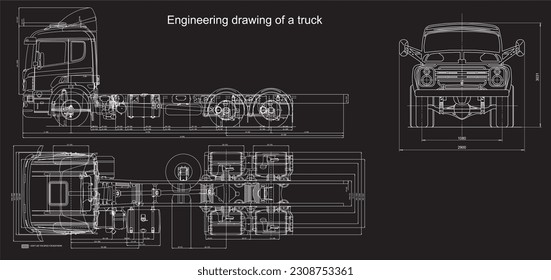 Vector engineering drawing of a truck with dimensional lines
and numerical values of vehicle dimensions.
Cad scheme. Mechanical background. Design documentation.