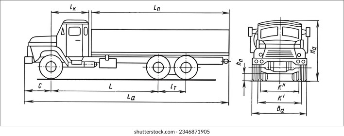Dibujo de ingeniería de vectores de un camión con líneas dimensionales
y valores numéricos de las dimensiones del vehículo.
Esquema de cad. Fondo mecánico. Documentación de diseño.