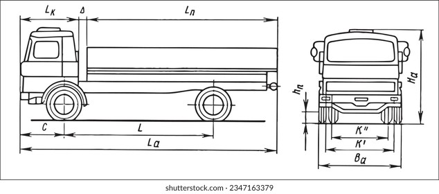 Vectoringenieurzeichnung eines Lastkraftwagens mit dimensionalen Linien
und numerischen Werten der Fahrzeugabmessungen.
Kartenzahlverfahren. Mechanischer Hintergrund. Design-Dokumentation.