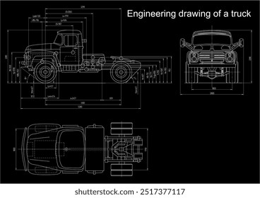 Desenho de engenharia vetorial de um caminhão com linhas dimensionais
e valores numéricos das dimensões do veículo. Esquema técnico do cartão de computador. Fundo mecânico. 
Documentação do projeto.