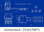 Vector engineering drawing of truck with trailer 
with dimensional lines
and numerical values of vehicle dimensions.
Cad scheme. Mechanical background. Design documentation.
