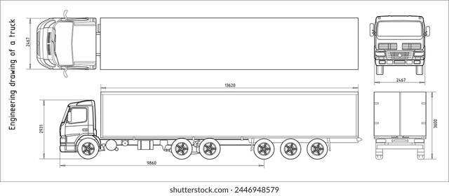 Diseño de ingeniería de Vector de camión con remolque 
con líneas dimensionales
y los valores numéricos de las dimensiones del vehículo.
Esquema de tarjetas. Fondo mecánico. Documentación de diseño.