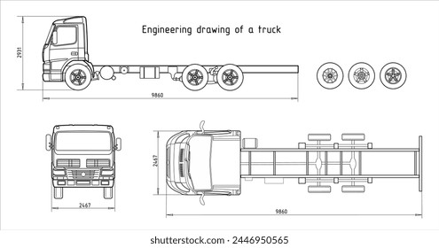 Diseño de ingeniería de Vector de camión con remolque 
con líneas dimensionales
y los valores numéricos de las dimensiones del vehículo.
Esquema de tarjetas. Fondo mecánico. Documentación de diseño.
