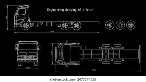 Vector engineering drawing of truck with trailer 
with dimensional lines
and numerical values of vehicle dimensions.
Cad scheme. Mechanical background. Design documentation.