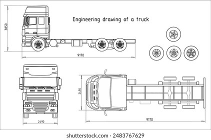 Vector engineering drawing of truck with trailer 
with dimensional lines
and numerical values of vehicle dimensions.
Cad scheme. Mechanical background. Design documentation.