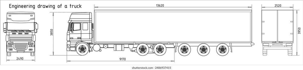 Vector engineering drawing of truck with trailer 
with dimensional lines
and numerical values of vehicle dimensions.
Cad scheme. Mechanical background. Design documentation.