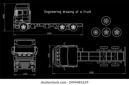 Diseño de ingeniería de Vector de camión con remolque 
con líneas dimensionales
y los valores numéricos de las dimensiones del vehículo.
Esquema de tarjetas. Fondo mecánico. Documentación de diseño.