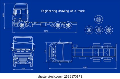 Desenho de engenharia vetorial do caminhão com reboque 
com linhas dimensionais
e valores numéricos das dimensões do veículo.
Regime Cad. Fundo mecânico. Documentação do projeto.