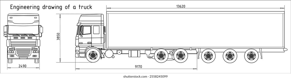 Vector engineering drawing of truck with trailer 
with dimensional lines
and numerical values of vehicle dimensions.
Comouter technic cad scheme. Mechanical background. 
Design documentation.