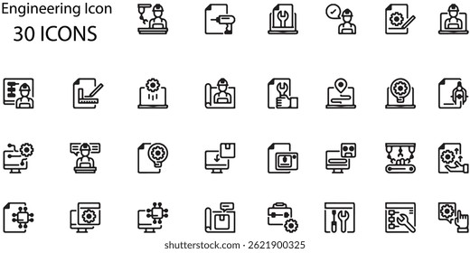 Vector Engineering Icons Set. 30 Minimalist Technical Symbols for Industrial Designs.