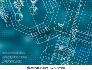  Vector engineering illustration. Cover, flyer, banner, background. Instrument-making drawings. Mechanical engineering drawing. Technical illustrations, Blue background. Points. Sche