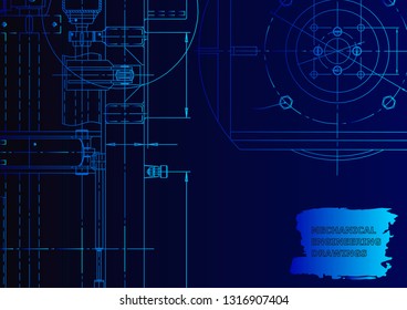 Vector engineering illustration. Instrument-making drawings. Mechanical engineering drawing. Computer aided design systems. Technical illustrations, Blue neon