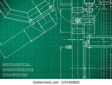 Vector engineering illustration. Mechanical engineering drawing. Instrument-making drawings. Computer aided design systems. Technical Light green background. Grid