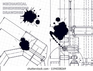 Vector engineering illustration. Mechanical engineering drawing. Instrument-making drawings. Computer aided design systems. Black Ink. Blots. Blueprint, diagram