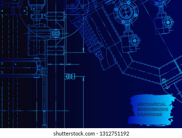 Vector engineering illustration. Mechanical engineering drawing. Blue neon. Technical illustration