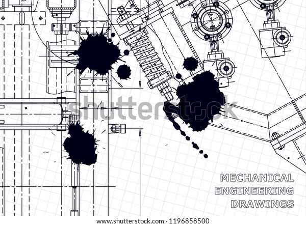 Vector engineering illustration. Mechanical\
engineering drawing. Instrument-making drawings. Black Ink. Blots.\
Technical illustration