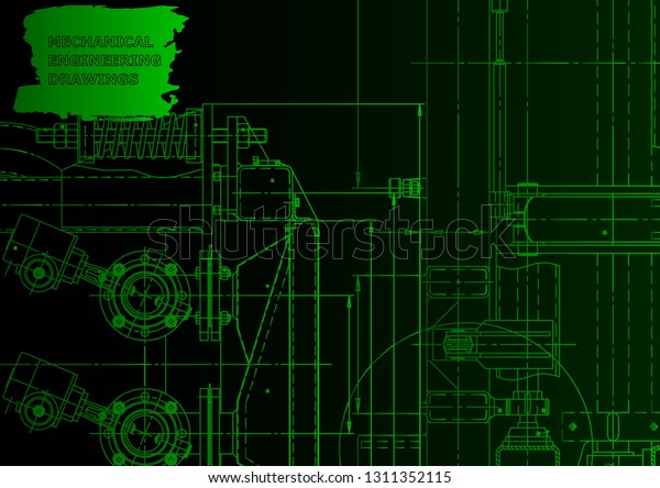 Vector engineering\
illustration. Mechanical engineering drawing. Green neon. Computer\
aided design system