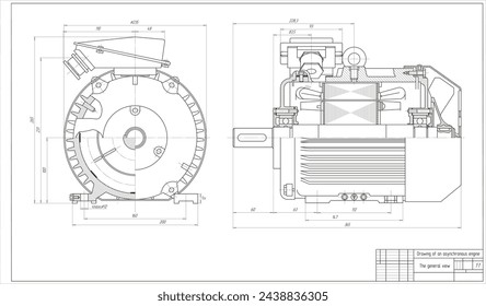 Diseño técnico de ingeniería vectorial de asíncronos
motor. El diseño de la pieza mecánica
de máquina con líneas de dimensión. Diagrama esquemático Cad. 
La vista general. Proyecto de ensamblado.