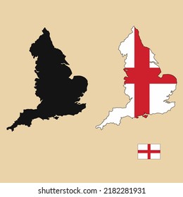 Vector of England country outline map with flag set isolated on plain background. Silhouette of country map can be used for template, report, and infographic.