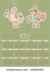 vector English 2014 calendar template with an illustration of two cute little horses in pastel green color scheme
