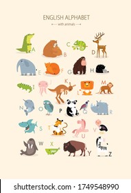 Vector english alphabet with animals for children. educational poster with cute animals. Cartoon animals: crocodile, bears, chameleon, elephant, tiger, lion, fox, kangaroo, panda, monkey, unicorn
