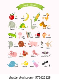 Vector English alphabet with cartoon animals and food. fruits, vegetables, apple, duck, elephant, yogurt, rabbit, whale, banana, corn, zebra, horse, pig, koala. Poster for the children. abc