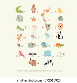 Vector English alphabet for children with cute animals. The crocodile, bear, whale, koala, panda, giraffe, elephant, yak, zebra, rhino, owl, duck, hedgehog, lion, turtle. It can be used as poster 