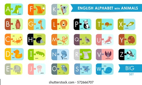 Vector English alphabet for children with cute animals. The crocodile, bear, whale, koala, panda, giraffe, elephant, yak, zebra, rhino, owl, duck, hedgehog, lion, turtle. Puzzles for children. abc