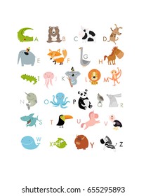 Vector English alphabet with cute animals. The crocodile, bear, whale, koala, panda, goose, elephant, yak, zebra, rabbit, octopus, dog, hedgehog, lion, toucan, cow. It can be used as poster