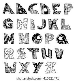 Vector English alphabet doodle font sketched letters isolated on white background