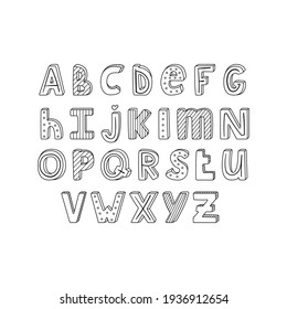 Vector English alphabet with hand-drawn letters with stripes and dots. typography set 