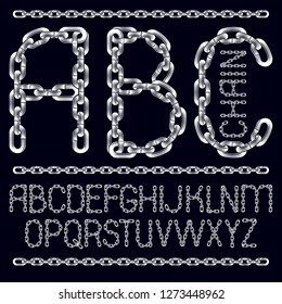Vector English alphabet letters, abc collection. Capital decorative font created using chrome chain, linkage.