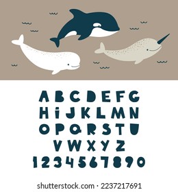 Vector English alphabet. Letters and numbers isolated on white background. Cute illustration of killer whale, beluga and narwhal. Arctic animals characters