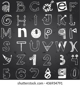 Vector English alphabet and numbers with elements of road signs. Hand-drawn on a chalkboard.