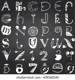 Vector English Alphabet and Numbers made of food and naturel elements. Hand-drawn on Gray Chalkboard