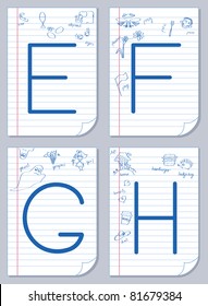 Vector English alphabet on school paper background with child pictures