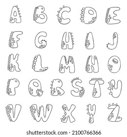 Vector English alphabet. Outline elements - 26 letters in dinosaur style. Learning material, print, poster, colouring page for children.